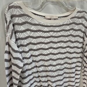 Loft Brown White Chevron Pointelle Knit Cotton Sweater Sz M Preppy Coastal Chic
